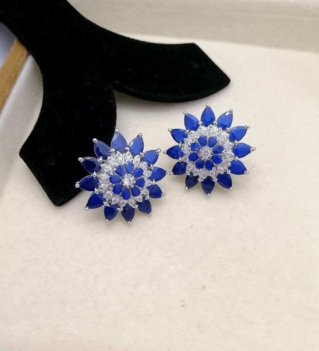 Royal Blue Crystal Floral Statement Stud Earrings 027