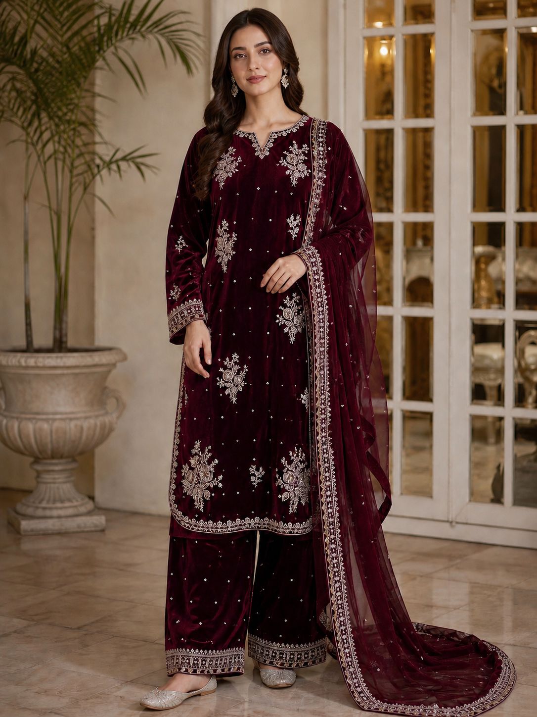 Pure Velvet 3-Piece Embroidered Suit | Thread & Sequence Work | Velvet Plazo + Chiffon Dupatta 2315