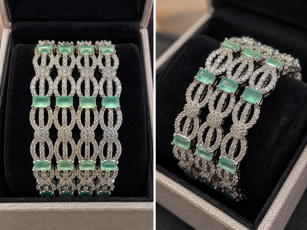Silver and light green bangles close up