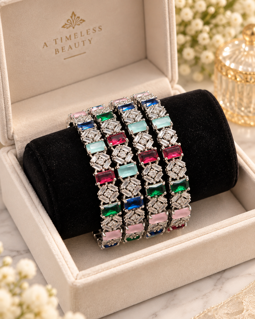 Silver multi-colour bangles close up
