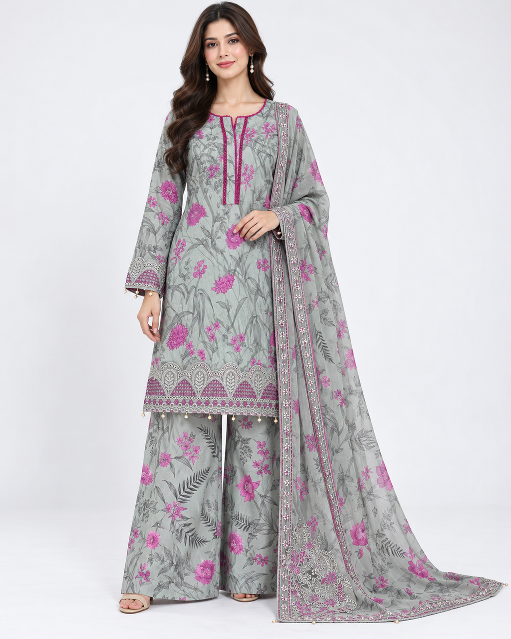 Front view of grey floral lawn suit with palazzo trousers and dupatta