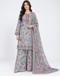 Front view of grey floral lawn suit with palazzo trousers and dupatta