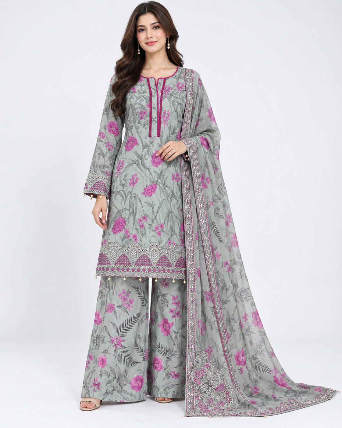 Front view of grey floral lawn suit with palazzo trousers and dupatta