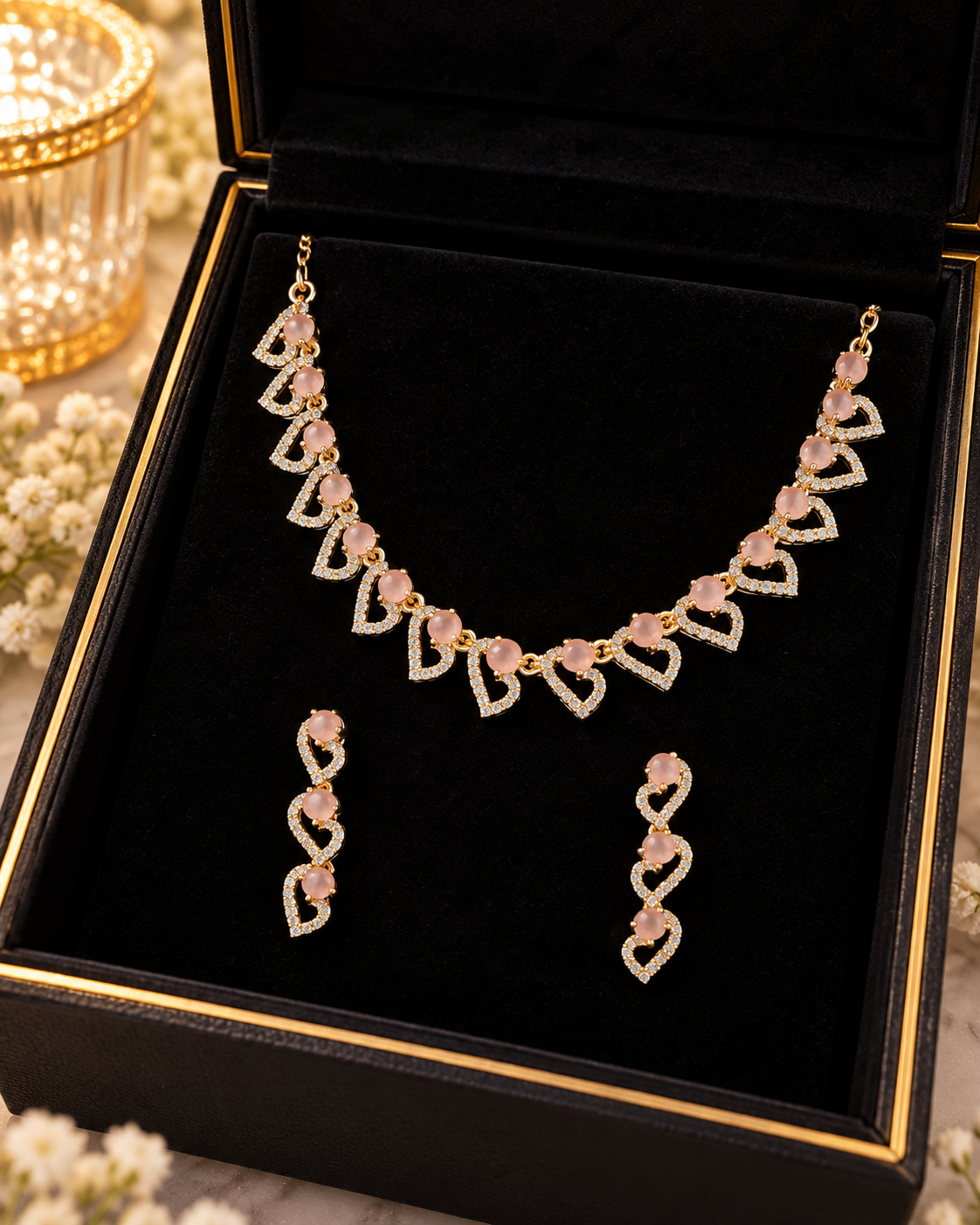 Gold and pink crystal heart-link necklace and matching earrings in a jewellery box