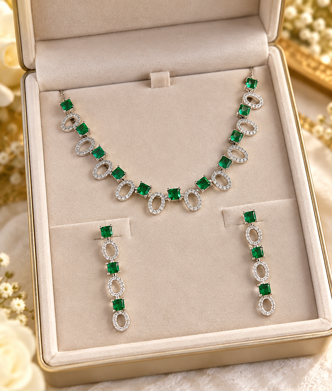 Silver and green crystal necklace and matching earrings in a jewellery box