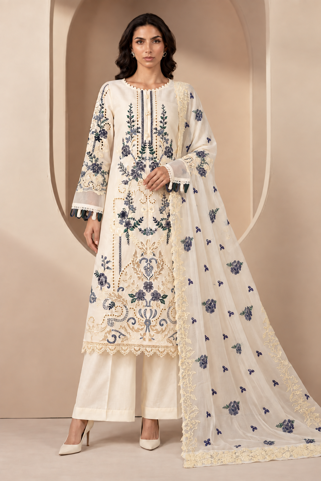 Cream floral embroidered chiffon suit with palazzo trousers and dupatta