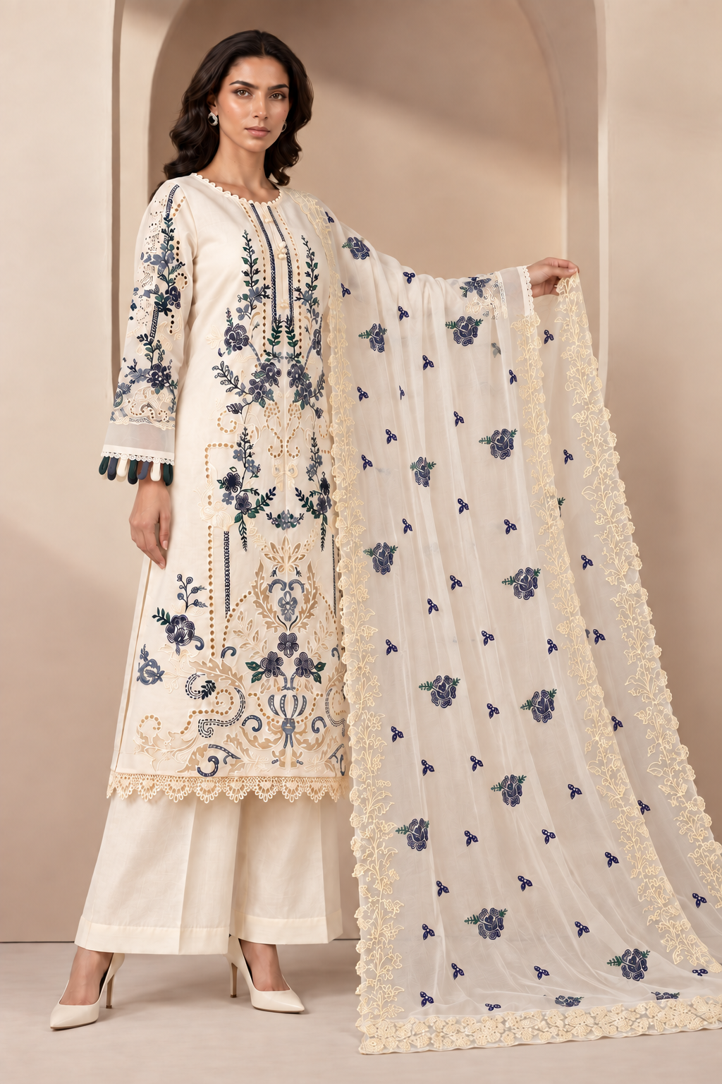 Side view of cream floral embroidered chiffon kameez, palazzo and dupatta
