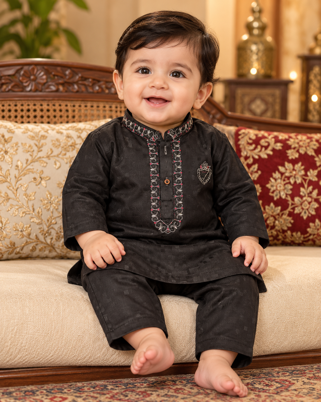 Baby wearing a black embroidered kurta and matching trousers, seated on a sofa
