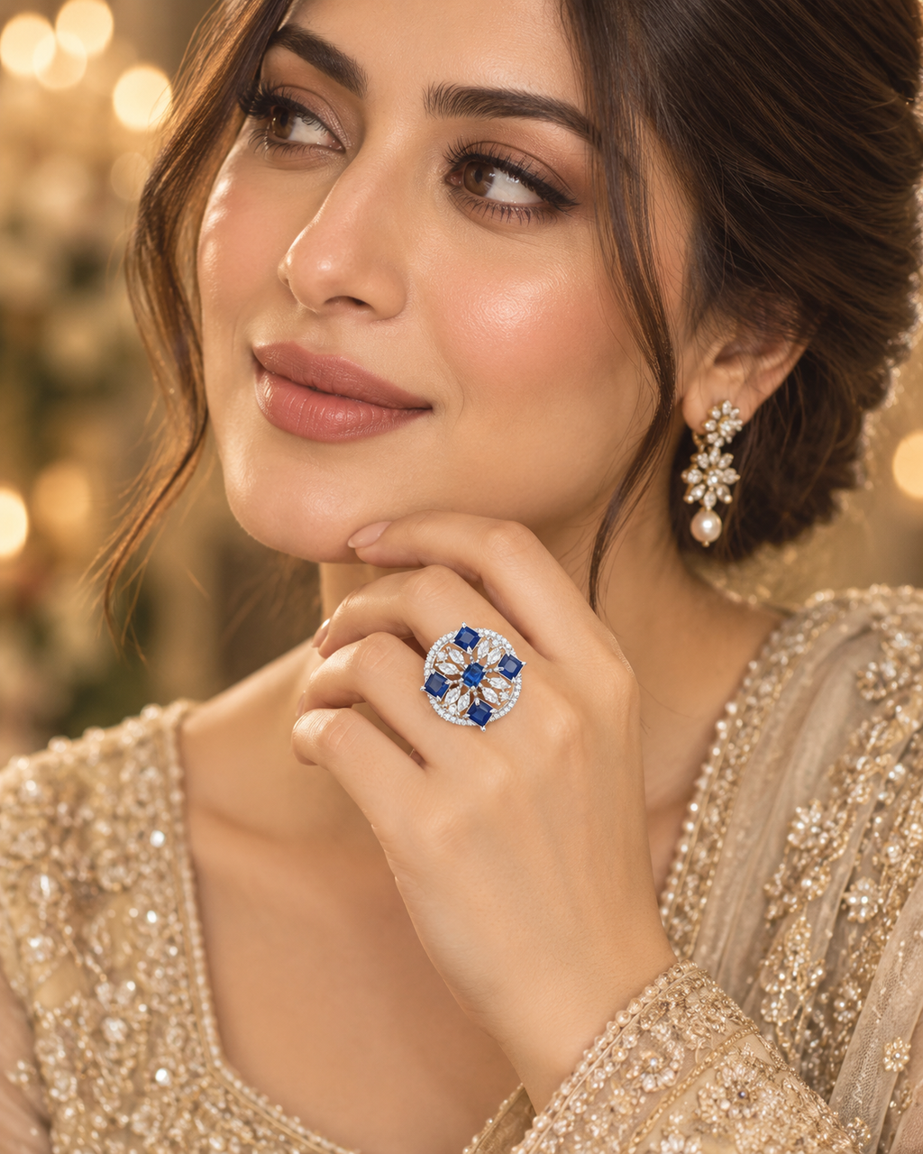 Royal Blue Crystal Statement Ring | Silver-Tone Floral Halo Design