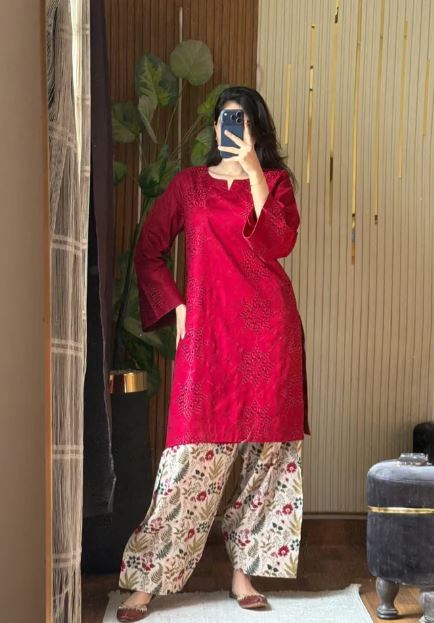 Red Printed Cotton Lawn Shirt & Farshi Shalwar 2-Piece 613