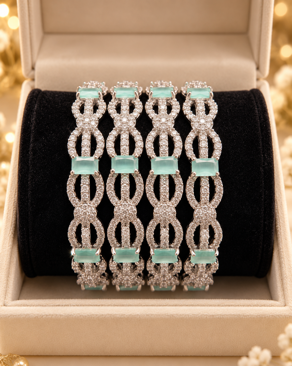 Silver and light green 4-piece bangle set in jewellery box