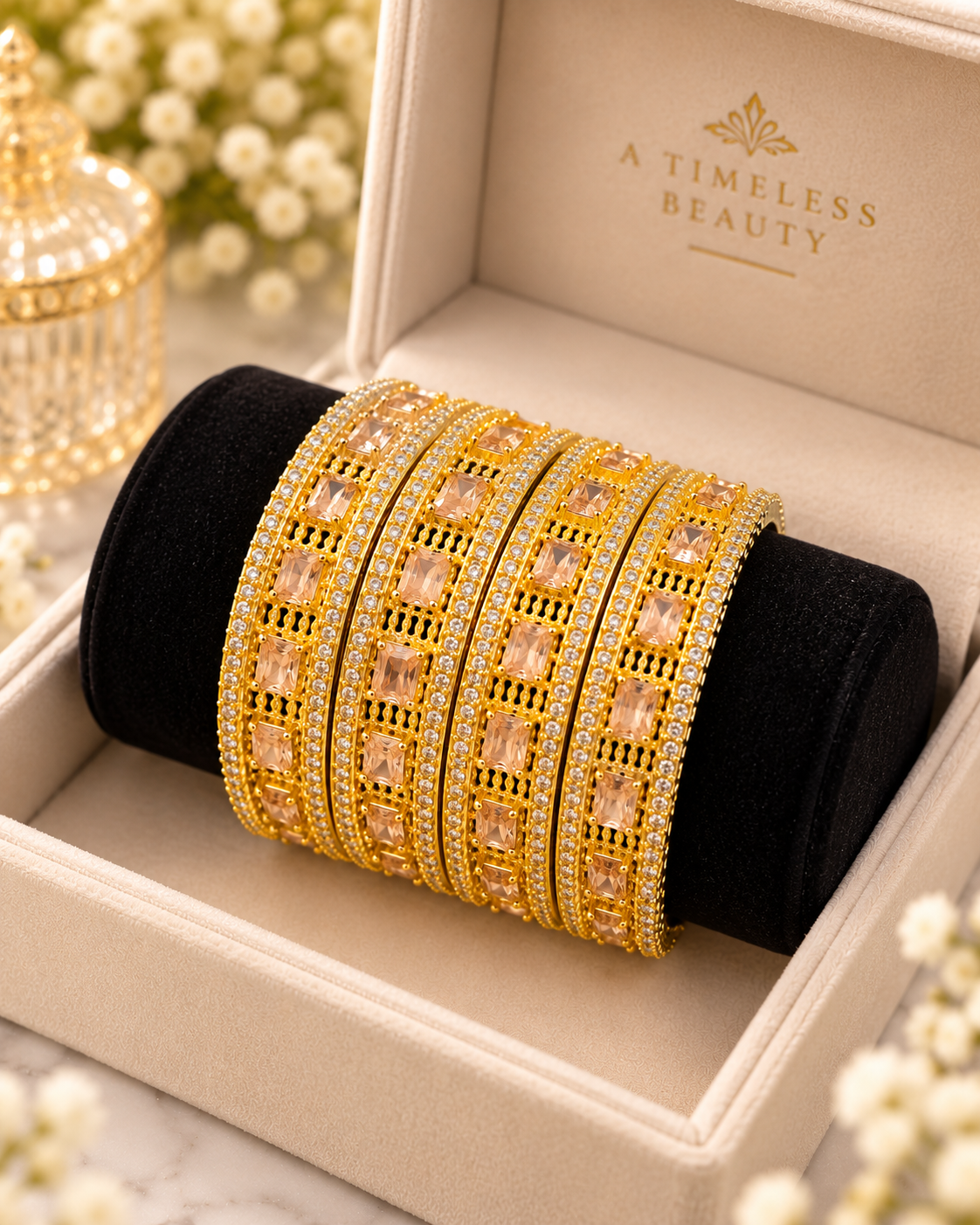 Gold champagne bangles close up
