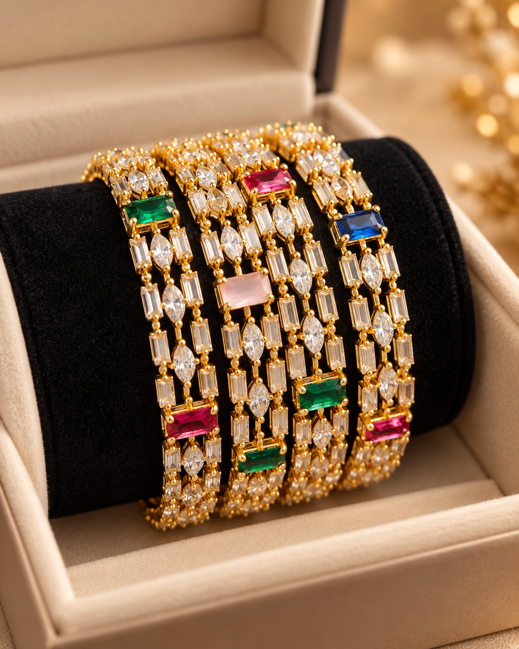 Gold multi-colour 4-piece bangle set in jewellery box
