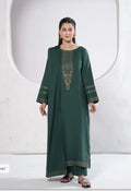 Full-length deep green embroidered winter suit with matching trousers and shawl