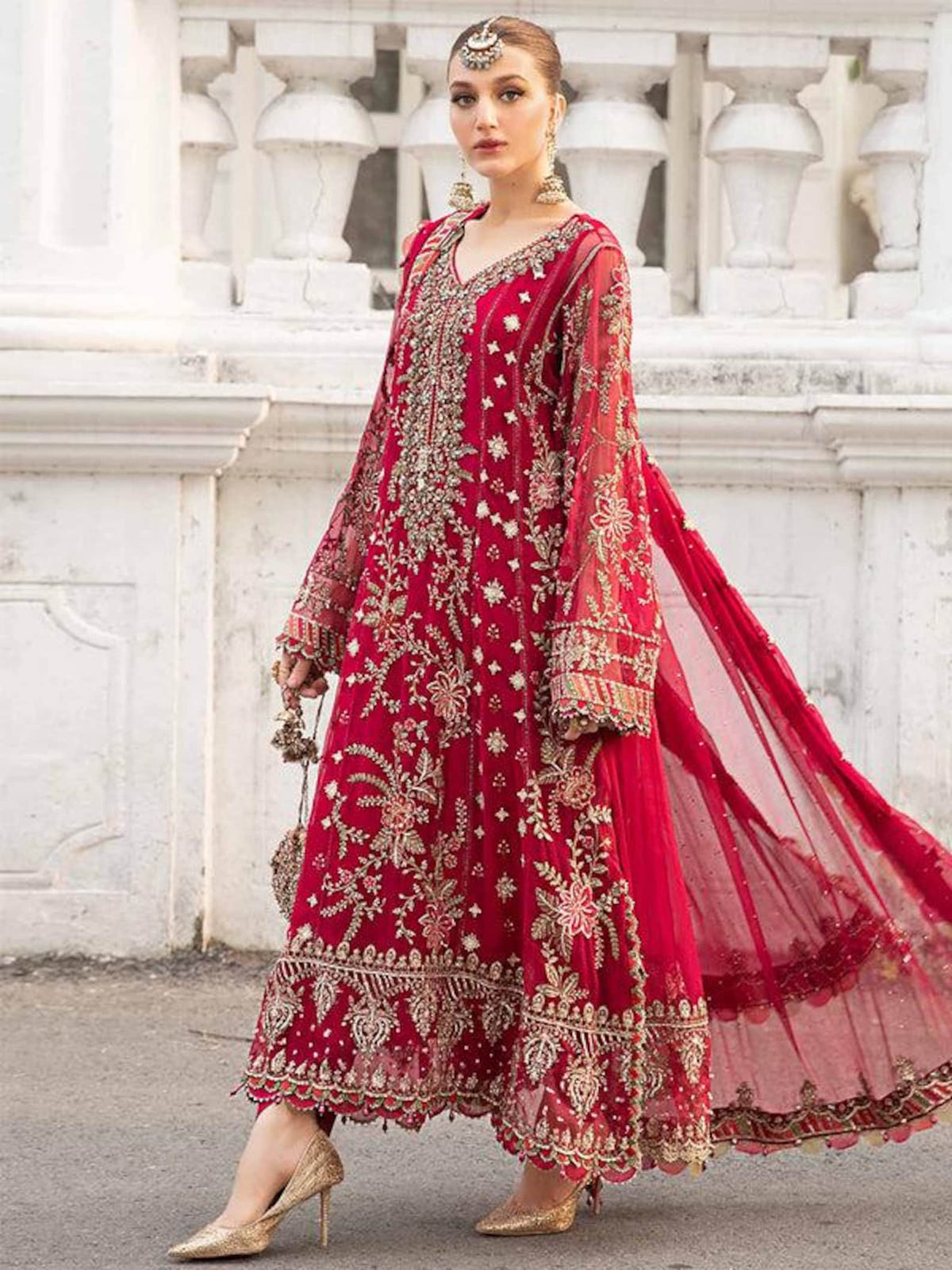 Red embroidered chiffon maxi suit and dupatta side view