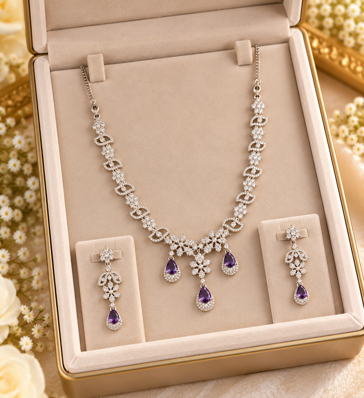 Silver and purple crystal necklace and matching earrings in a jewellery box
