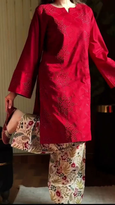 Red Printed Cotton Lawn Shirt & Farshi Shalwar 2-Piece 613