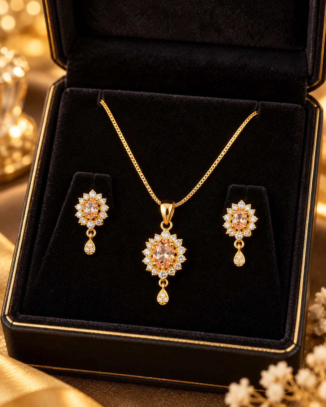 Gold champagne crystal pendant necklace and matching earrings in a jewellery box
