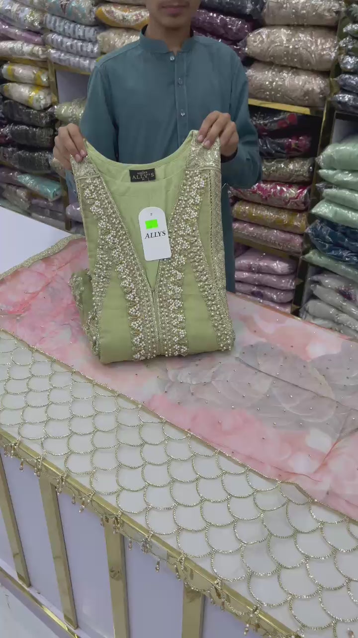 Luxury Handworked Marori Organza 3PC | Crystal Dupatta + Rawsilk Trouser - Stitched