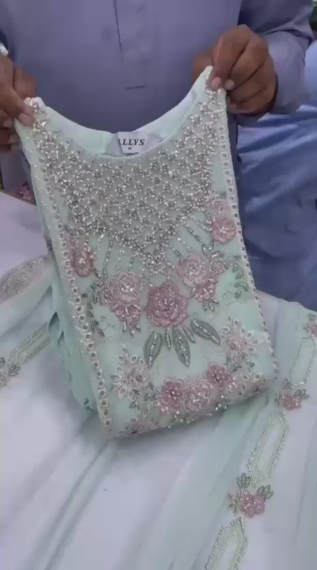 Chiffon Straight Shirt 3PC with 3D Embroidered Flowers | Grip Capri + Chiffon Dupatta