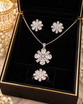 Silver floral crystal necklace, earrings and matching ring in a jewellery box