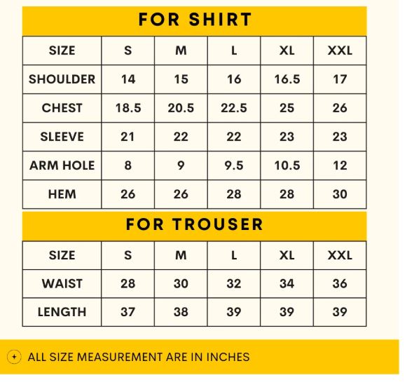 Shirt and trouser size chart with measurements in inches