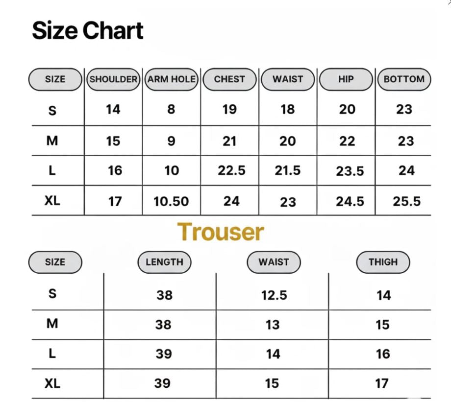 Size chart with size L shirt and trouser measurements for Heer Prêt two-piece suit