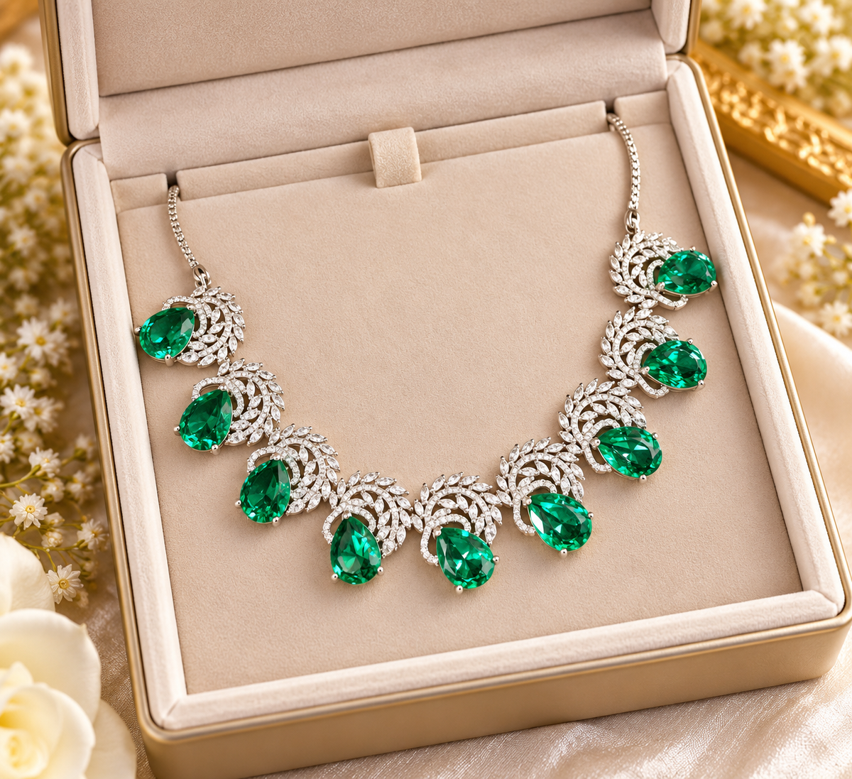 Silver and green crystal statement necklace in a jewellery box